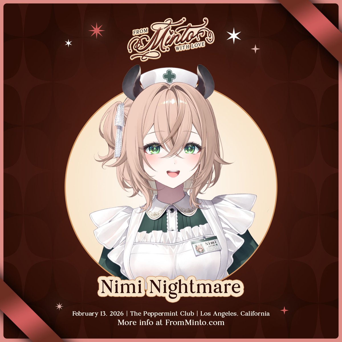 oshiSPARK's tweet image. There's a high risk for heart palpitations at #FromMintoWithLove...
Charming Baku Nurse @niminightmare is here to help! Or will she make them worse?

Please welcome her as our next Live2D guest at The Peppermint Club in Los Angeles, on February 13th! Link to more info below 🔗 👇