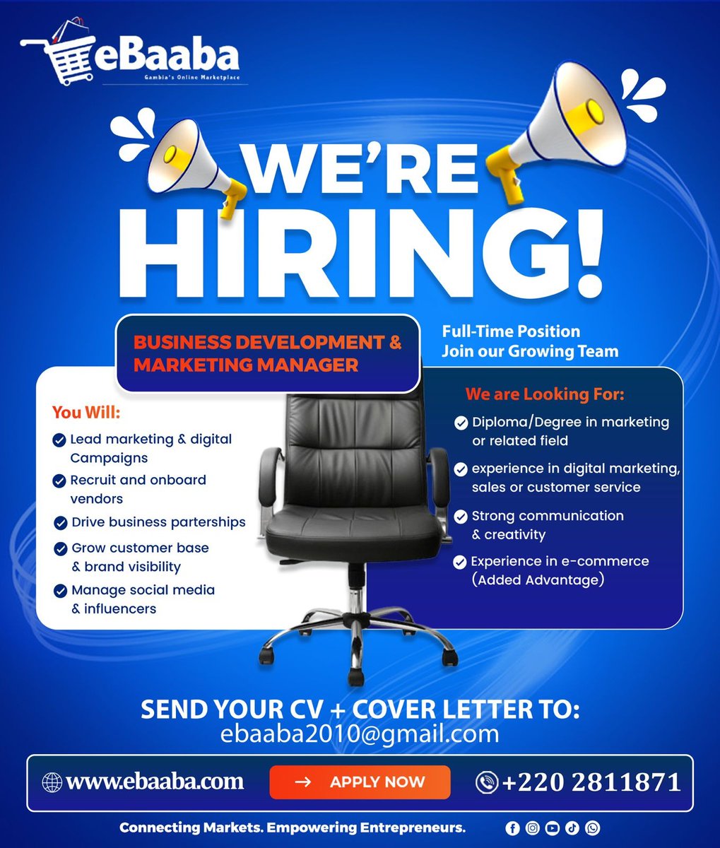 eBaaba is seeking a Business Development &amp; Marketing Manager. Candidates should possess a Diploma or Degree in Marketing or a related field, with experience in digital marketing, sales, or customer service. To apply, click here:  gamjobs.com/jobs/business-…. Deadline: January 9, 2026