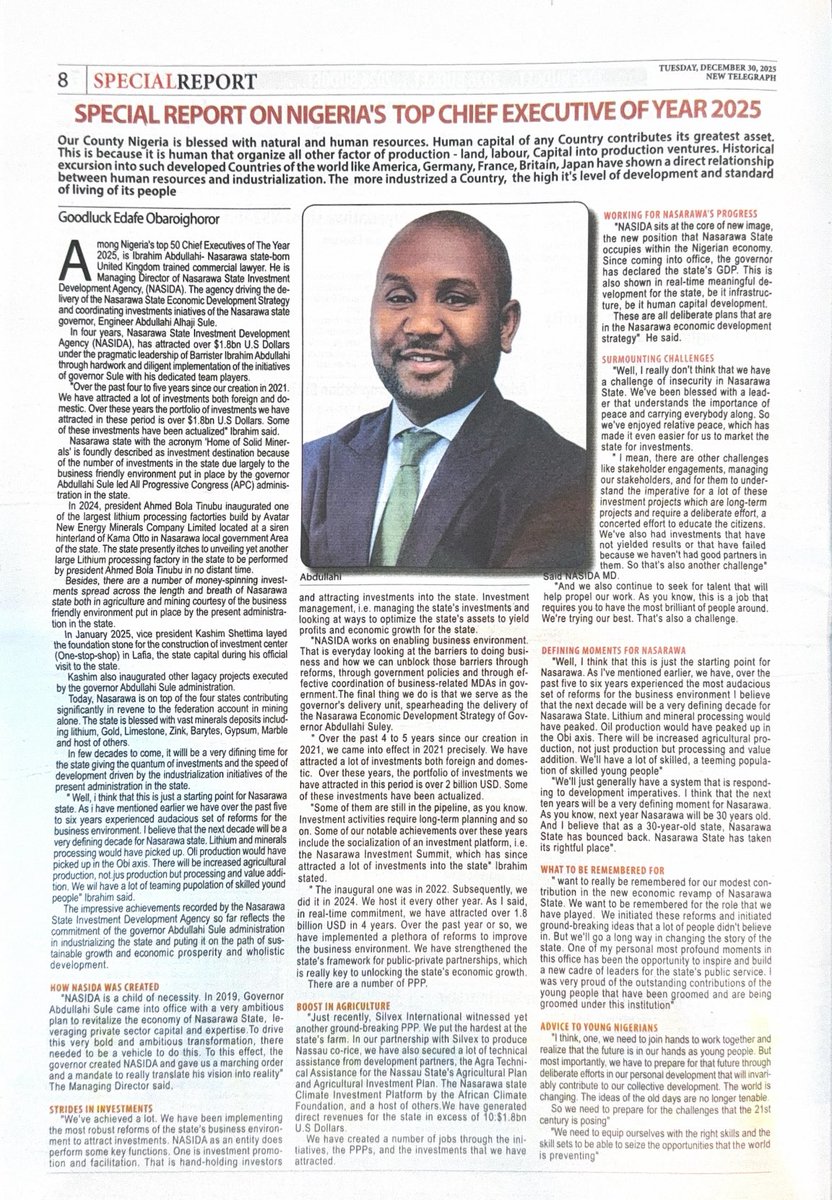 Grateful and humbled to be recognized as a Top Chief Executive of the Year 2025 by the New Telegraph. 

This is an endorsement of our work by the very brilliant and hardworking team at <a href="/NasarawaInvest/">Nasarawa Invest</a>! Thank you H.E Governor Sule for the opportunity to serve!