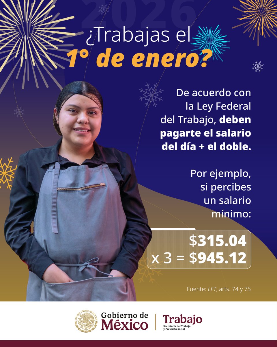 ¡Atención, personas trabajadoras! 🚨

El jueves 1° de enero es día de descanso obligatorio.🗓️

Si te toca trabajar, por ley, esto es lo que deben pagarte. 👇

Si tu centro de trabajo incumple, llama a la <a href="/PROFEDET/">Procuraduría Federal de la Defensa del Trabajo</a>:☎️079.