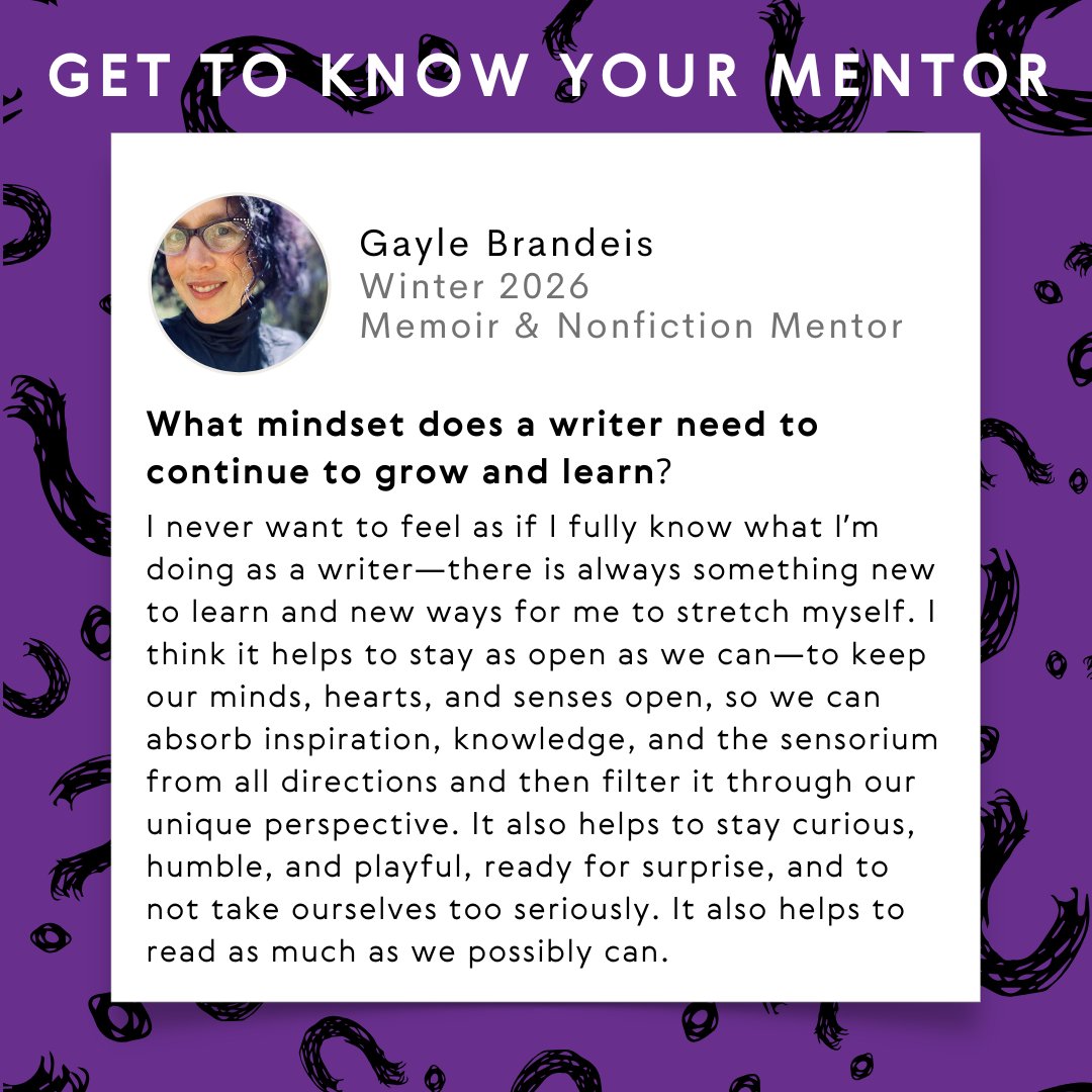 PocketMFA's tweet photo. Check out some writing advice from Memoir &amp; Nonfiction Mentor Gayle Brandeis!

Learn more about Gayle and the other 2026 Winter cohort mentors here: https://t.co/SANTxv7jgE https://t.co/Wc45dEDpTy