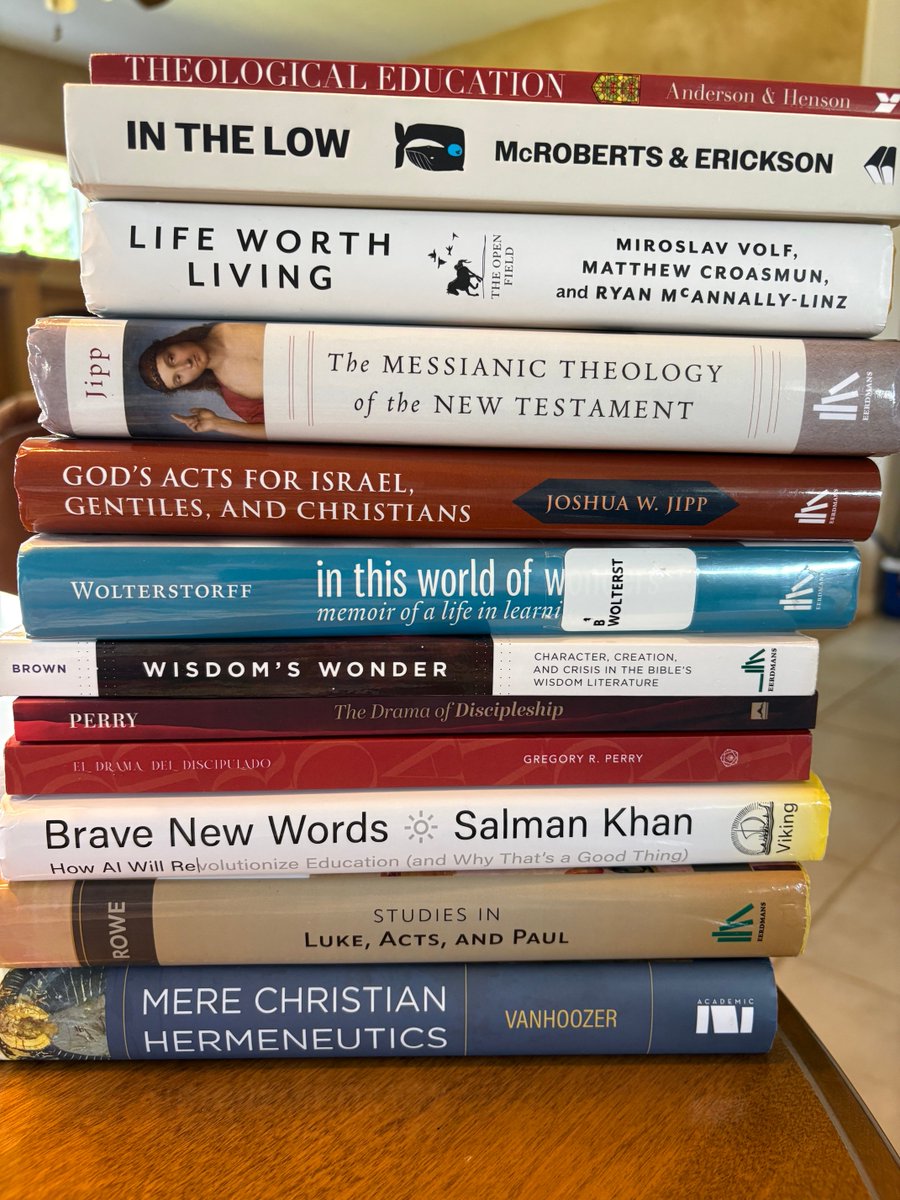 VanHoozer always stimulates good reading practices. I stay up to date on Luke-Acts. My book, El Drama, appeared in Spanish! I revisited Job with Bill Brown and a new book of images &amp; poetry. In higher ed, I looked back with Wolterstorff, and forward with Kahn, Volf and Hensen.