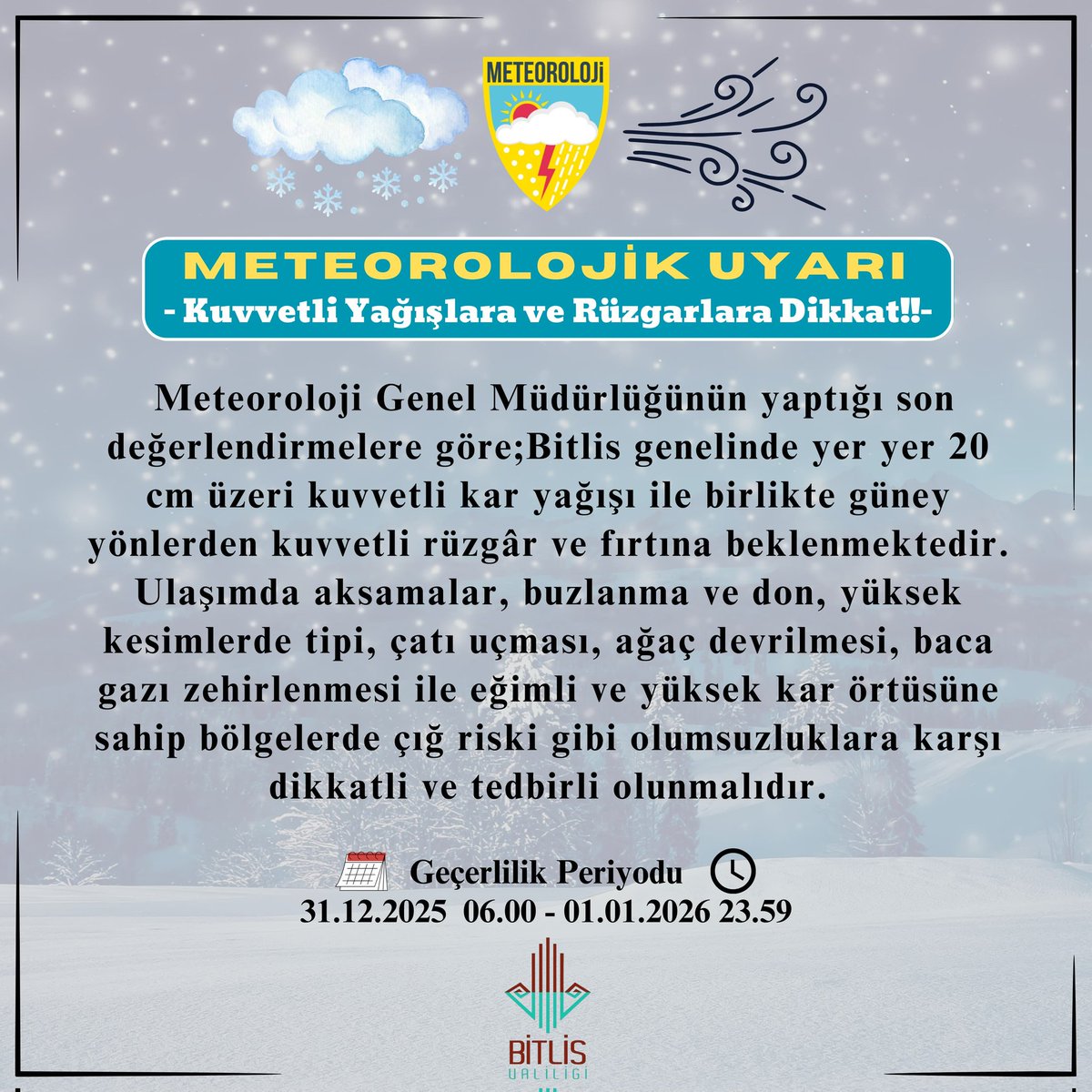 📢Meteorolojik Uyarı⚠️
🌨️🌬️Kuvvetli Yağışlara ve Rüzgarlara Dikkat‼️