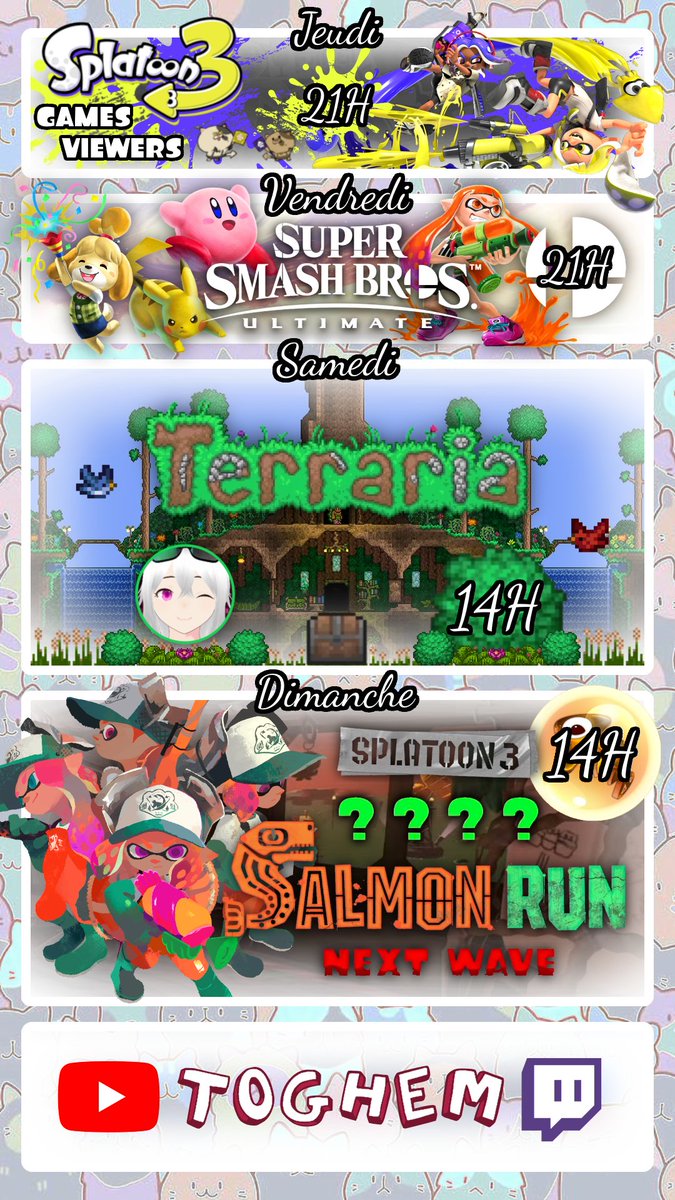 Planning du 29 décembre au 4 janvier !!

On entre bientôt dans une nouvelle année et je souhaitais vous exprimer mes remerciements face à votre soutien
Je n'oublie pas que c'est grâce à vous que j'existe sur internet !!
Bon 2026 à tous en avance !!

#Splatoon #SmashBros #Nintendo