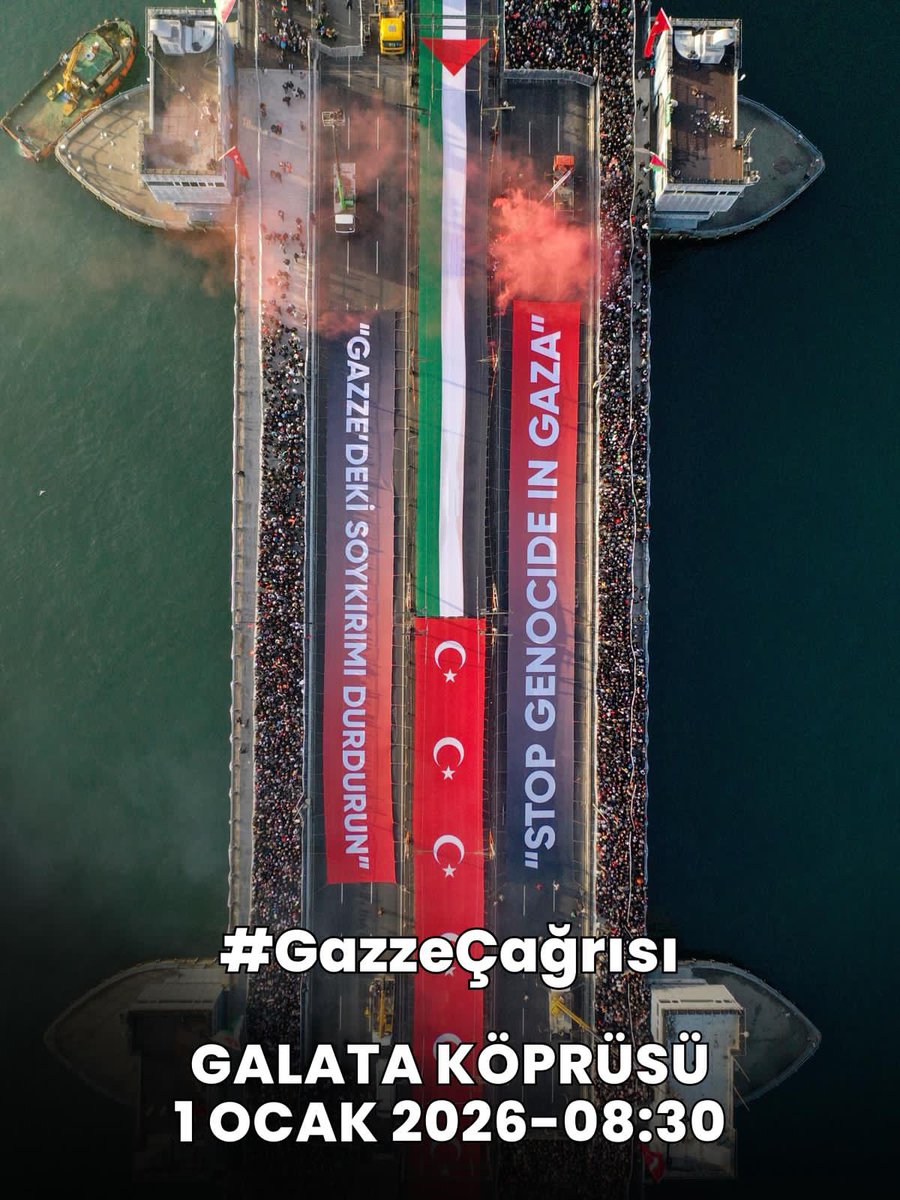 Sinmiyoruz, susmuyoruz. Haksızlığı, zulmü tüm dünyaya duyuruyoruz. Filistin’i unutmuyoruz! Galata Köprüsü’nde buluşuyoruz! #GazzeÇağrısı
📍 Galata Köprüsü
🗓 1 Ocak 2026
⏰ 08.30