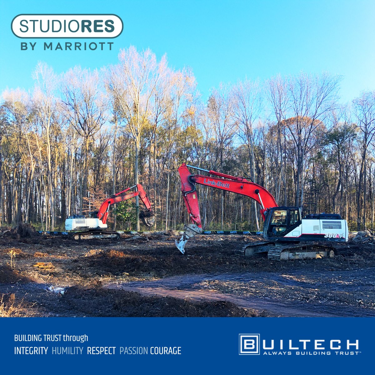 BuiltechLLC's tweet photo. Breaking ground in Chesapeake, VA 🚧 Builtech has started StudioRes by Marriott (55,300 SF) for Noble Investment Group. Clearing &amp; grading underway with BRR Architecture + Bowman (BEC). 🏨 #buildingwithBUILTECH https://t.co/r2kh30tSEq