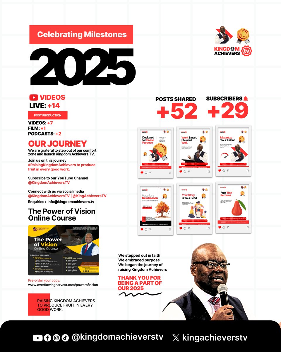 2025 marked a significant chapter for <a href="/KingAchieversTV/">Kingdom Achievers TV</a> 📷 

This year, we stepped out in faith, embraced purpose, and launched a platform committed to raising Kingdom Achievers who produce fruit in every good work.

From live teachings and video series, to podcasts, consistent
