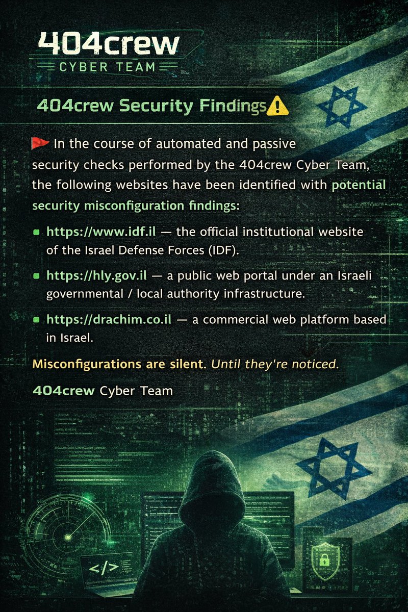 404crewnotfound's tweet photo. 404crew Security Findings โ ๏ธ
Automated & passive security checks conducted by 404crew Cyber Team identified potential security misconfiguration findings across the following Israeli web platforms:
#404crew #4cnf #InfoSec #Opฤฐsrael #Israel https://t.co/ON7RXLVbwX