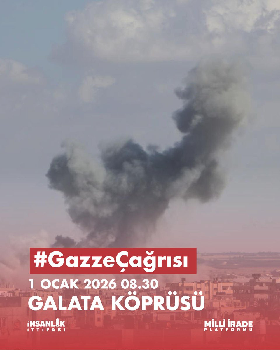 Yeni yılda sinmiyoruz, susmuyoruz, Filistin’i unutmuyoruz! Galata Köprüsü’nde buluşuyoruz! #GazzeÇağrısı
📍 Galata Köprüsü
🗓 1 Ocak 2026
⏰ 08.30