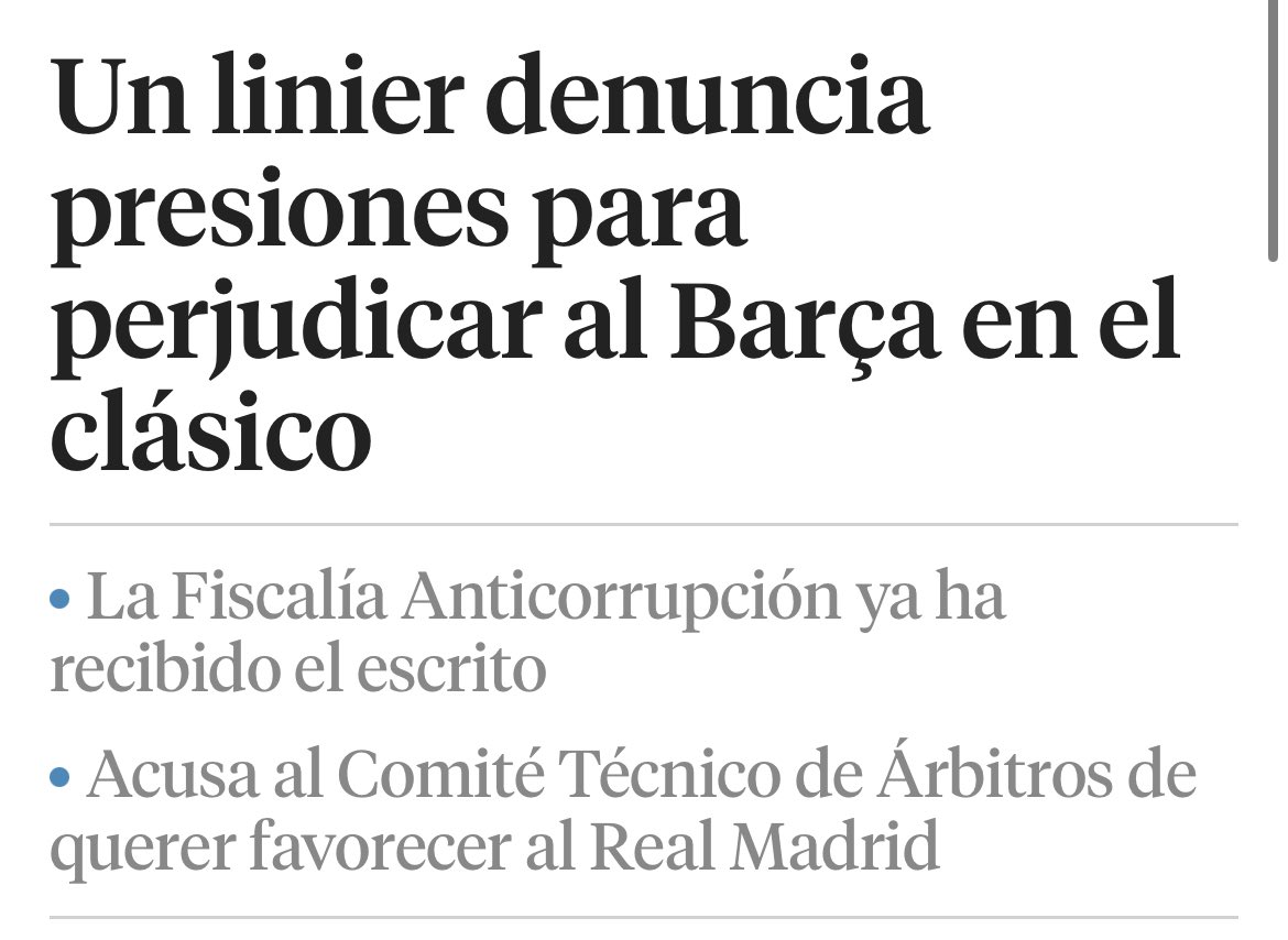 Un linier presentó una denuncia ante la Fiscalía Anticorrupción en la que acusa al Comité Técnico de Árbitros de presionarle para favorecer al Real Madrid y perjudicar al Barcelona en un Clásico.