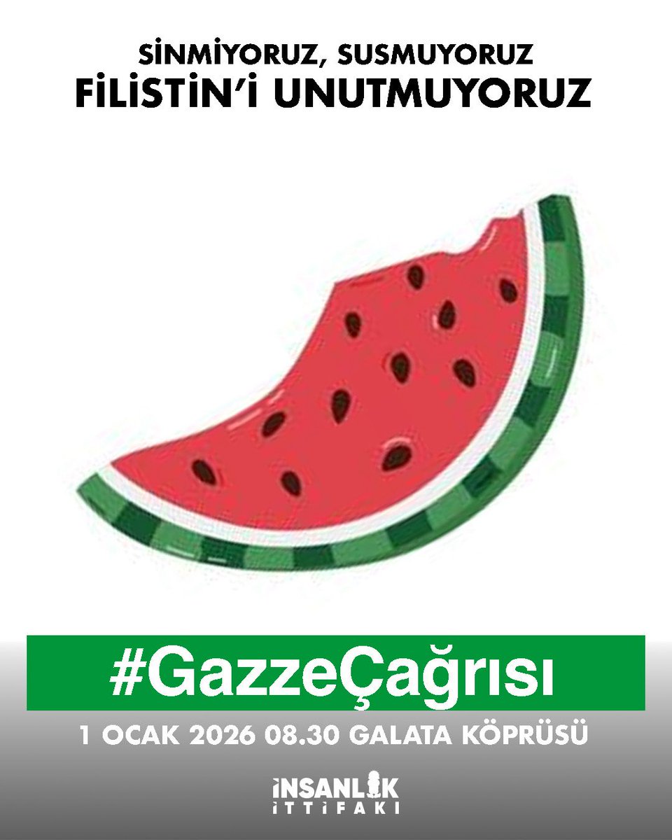 Yeni yılda sinmiyoruz, susmuyoruz, Filistin’i unutmuyoruz! Galata Köprüsü’nde buluşuyoruz! #GazzeÇağrısı
📍 Galata Köprüsü
🗓 1 Ocak 2026
⏰ 08.30