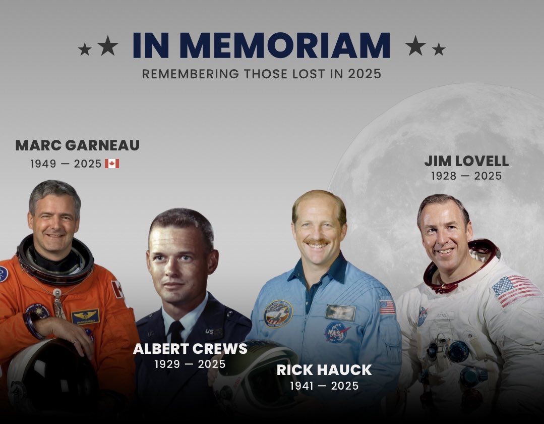 armstrongspace's tweet image. We lost several remarkable astronauts in 2025. The museum would like to recognize them and their lasting legacies. 

- Jim Lovell
- Albert Crews
- Rick Hauck
- Marc Garneau 

May their memories continue to inspire future explorers💫