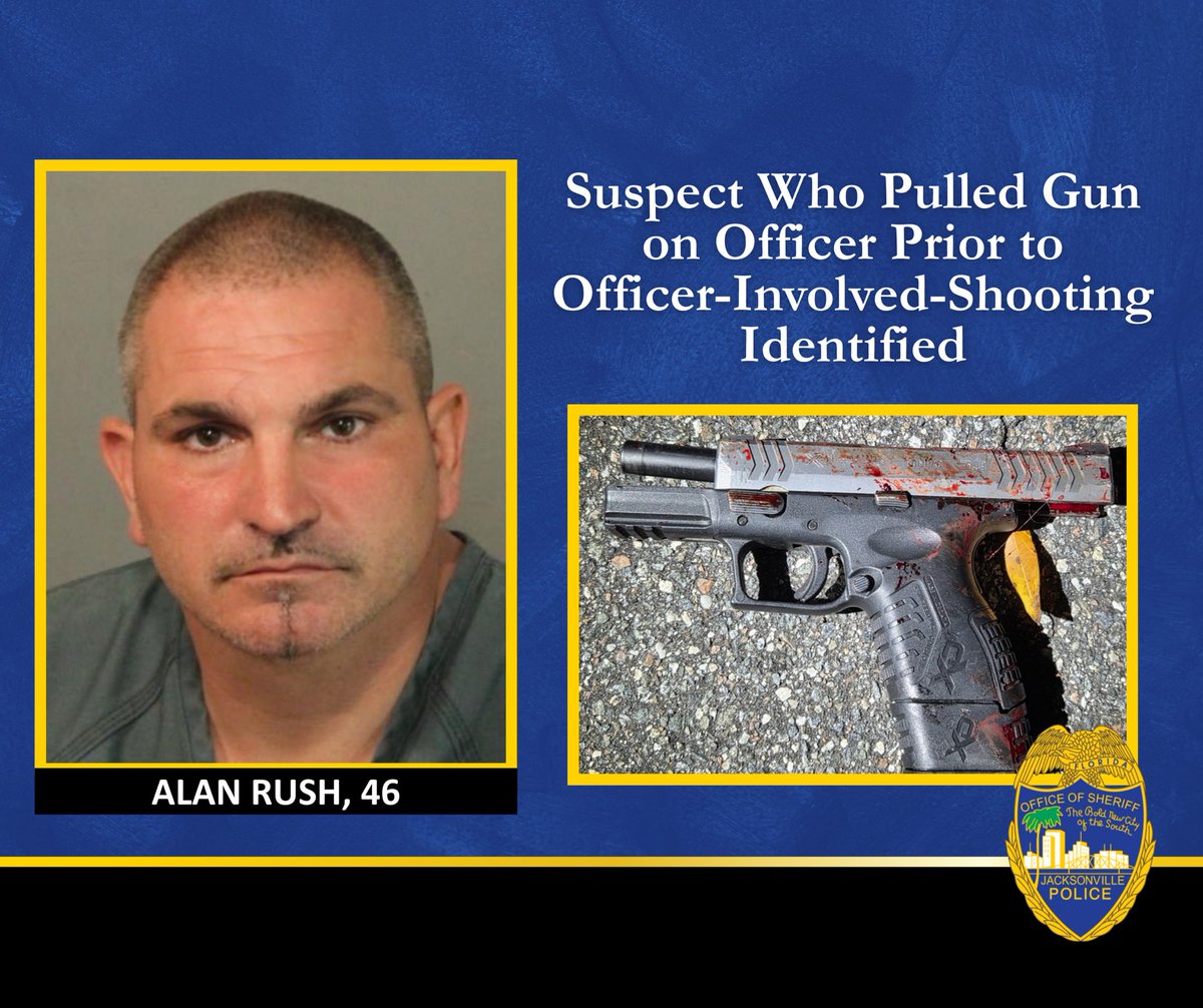 JSOPIO's tweet photo. 𝐒𝐮𝐬𝐩𝐞𝐜𝐭 𝐖𝐡𝐨 𝐏𝐮𝐥𝐥𝐞𝐝 𝐆𝐮𝐧 𝐨𝐧 𝐎𝐟𝐟𝐢𝐜𝐞𝐫 𝐏𝐫𝐢𝐨𝐫 𝐭𝐨 𝐎𝐟𝐟𝐢𝐜𝐞𝐫-𝐈𝐧𝐯𝐨𝐥𝐯𝐞𝐝-𝐒𝐡𝐨𝐨𝐭𝐢𝐧𝐠 𝐈𝐝𝐞𝐧𝐭𝐢𝐟𝐢𝐞𝐝
This is the most recent mug we have of 46-year-old Alan Rush stemming from a 2023 arrest. There is also a photograph of the gun Rush pulled on the officer prior to the shooting.
 
Rush was a convicted felon with more than a dozen local arrests for narcotics and other charges.
 
Investigators found narcotics in the vehicle believed to be Rush’s to include:
-70 grams crack cocaine
-15 grams powder cocaine
-133 grams methamphetamine 
-19 grams marijuana
-Pills
-Unknown powder
 
The State Attorney’s Office is investigating the circumstances, as is standard protocol for an officer-involved-shooting. Once that is complete, the Jacksonville Sheriff’s Office will complete its own administrative investigation. Officer Zachary Jennings is on administrative leave, which is standard following an officer-involved-shooting.
