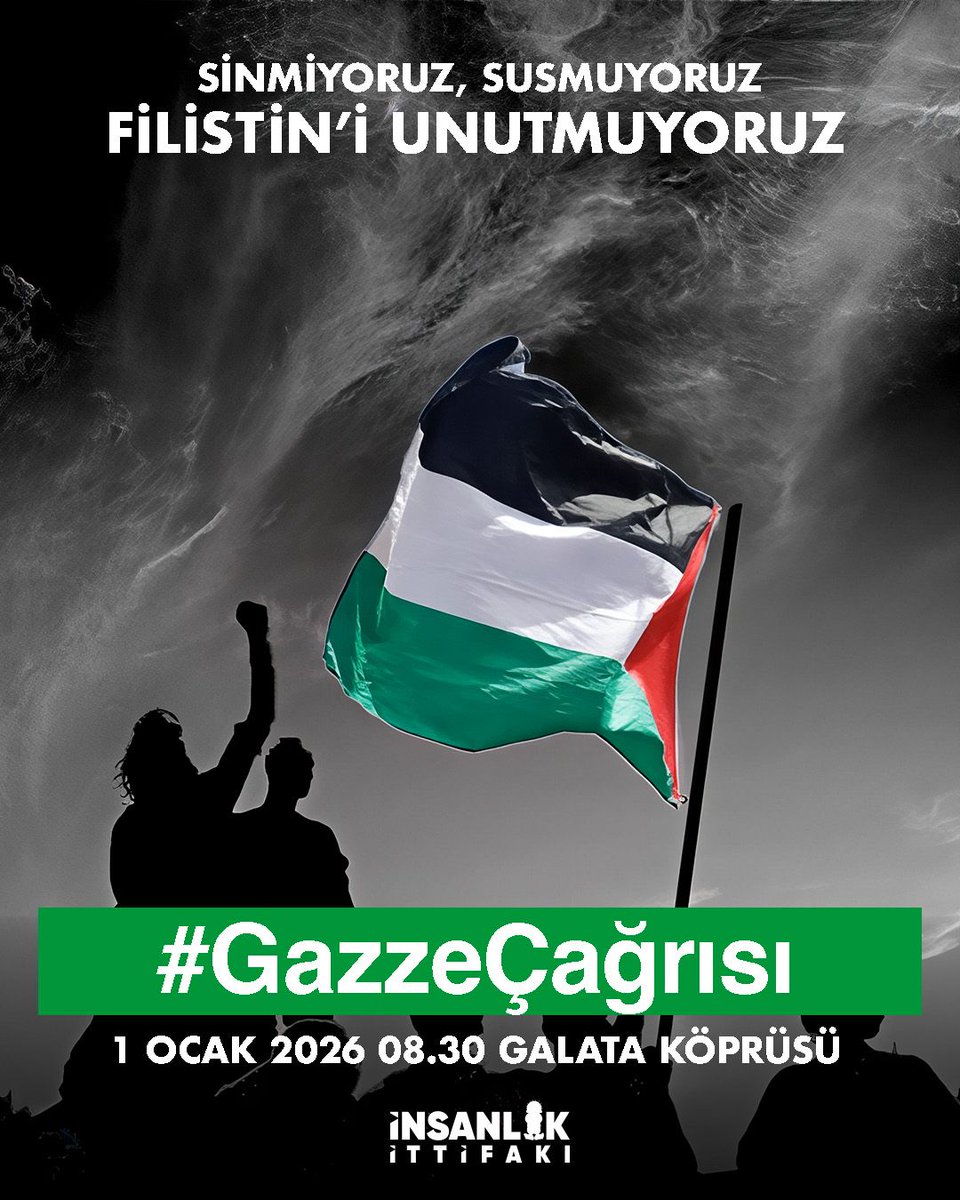 Yeni yılda sinmiyoruz, susmuyoruz, Filistin’i unutmuyoruz! Galata Köprüsü’nde buluşuyoruz! #GazzeÇağrısı
📍 Galata Köprüsü
🗓 1 Ocak 2026
⏰ 08.30