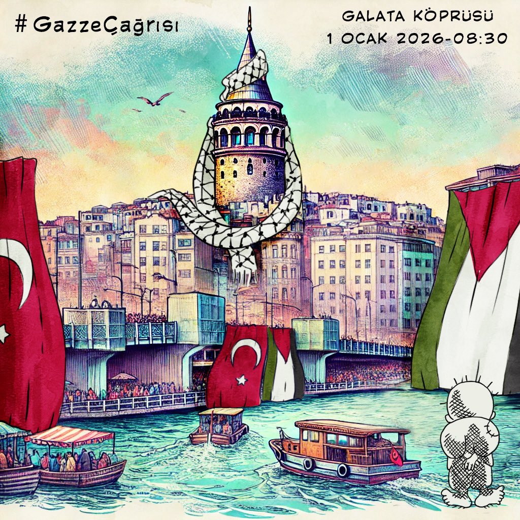 Sinmiyoruz. Susmuyoruz. Filistin’i unutmuyoruz.
1 Ocak sabahı Galata’da birlikte olacağız. #GazzeÇağrısı 
📍 Galata Köprüsü
🗓 1 Ocak 2026
⏰ 08.30