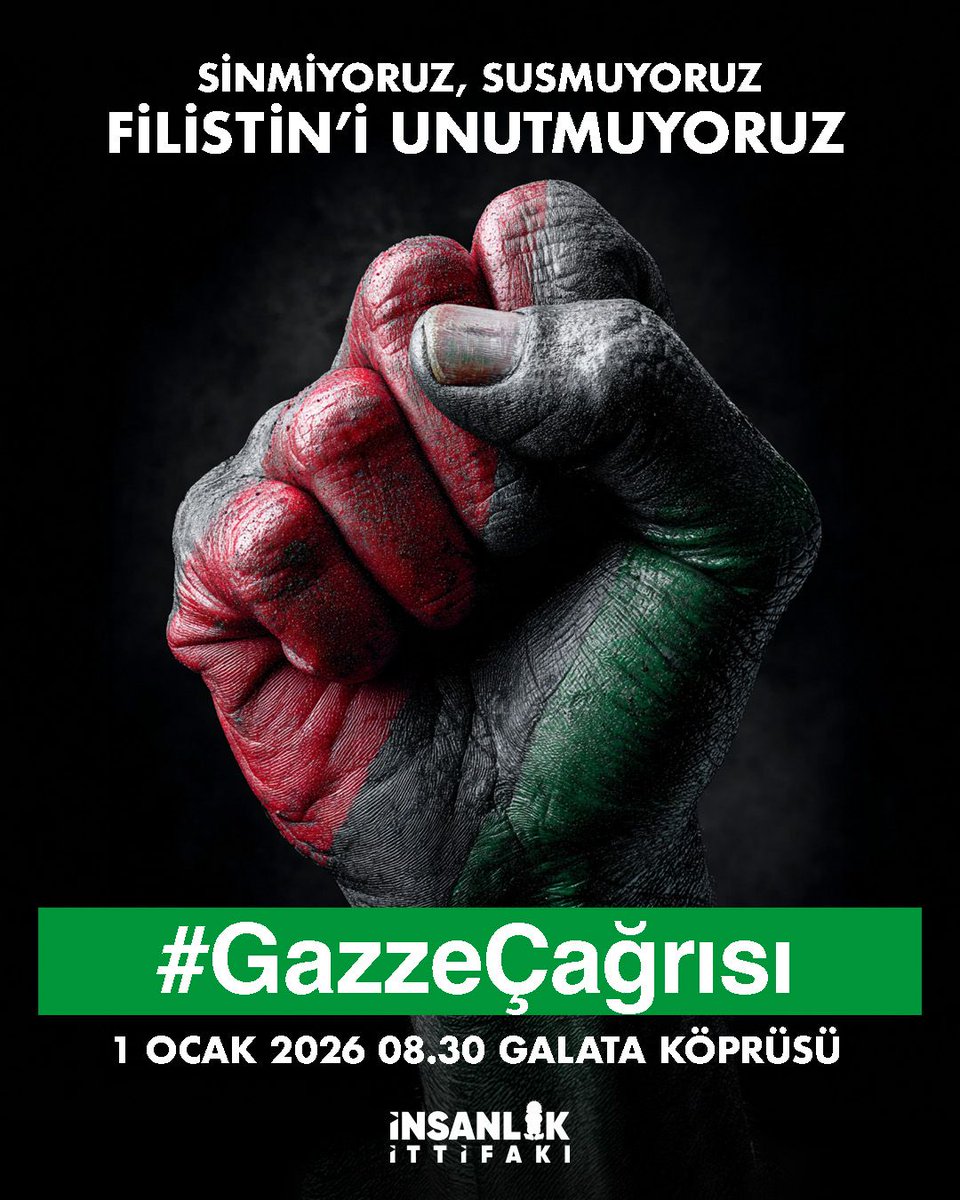 Yeni yılda sinmiyoruz, susmuyoruz, Filistin’i unutmuyoruz! Galata Köprüsü’nde buluşuyoruz! #GazzeÇağrısı
📍 Galata Köprüsü
🗓 1 Ocak 2026
⏰ 08.30