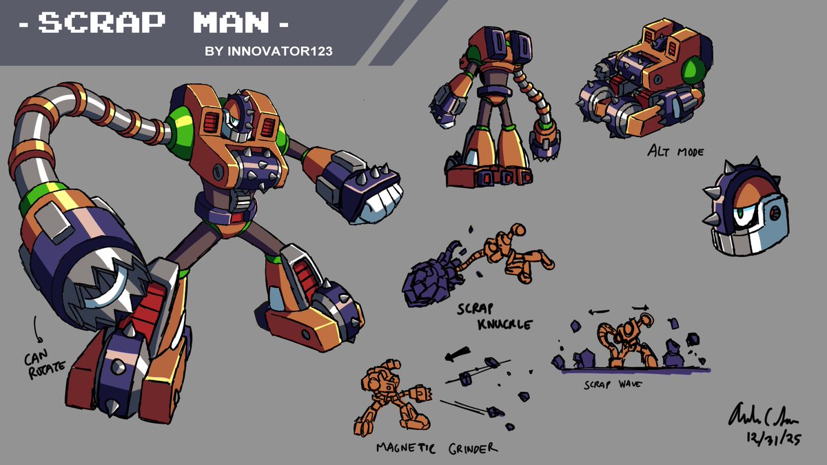 ArmandoSionosa's tweet photo. Entry Category: Robot Master Design

Entry#5

Robot Master:  Scrap Man

Pen Name:  Innovator123

One of my sketches earlier and supposed to be a heavy industrial type. No bio for this one as I'm already spent for this year. XD 

Good luck everyone.

#MegaManDO #DesignARobotMaster https://t.co/LwUstov2AE