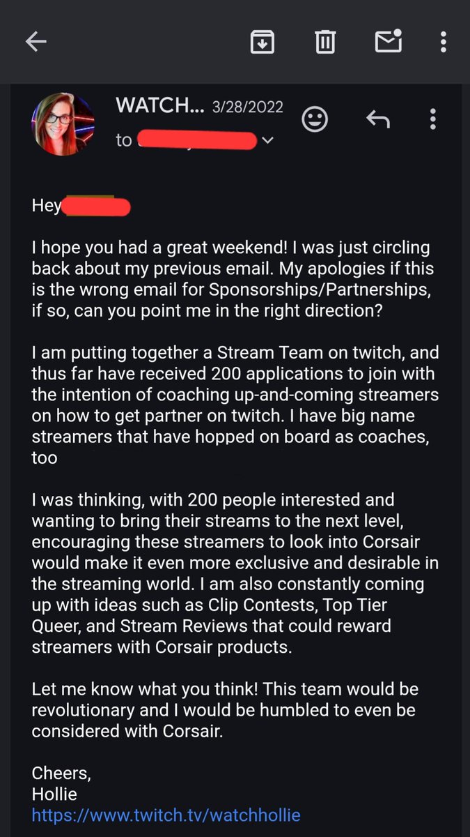 I've been sponsored by Taco Bell, Quest, Clothing &amp; meal prep Brands, Games, Streamer Bots, NVIDIA, CORSAIR, etc

I email sponsors &amp; introduce myself without asking for anything (at first 😉)

Here's example emails that got me partnered w/Corsair

Ask me anything! Let me help!
