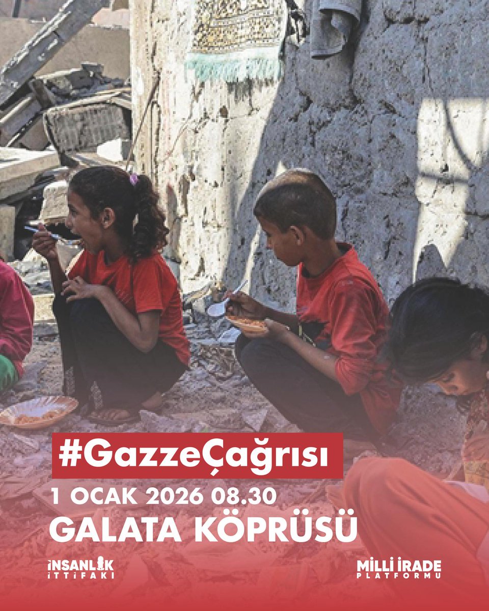 Yeni yılda sinmiyoruz, susmuyoruz, Filistin’i unutmuyoruz! Galata Köprüsü’nde buluşuyoruz! #GazzeÇağrısı
📍 Galata Köprüsü
🗓 1 Ocak 2026
⏰ 08.30