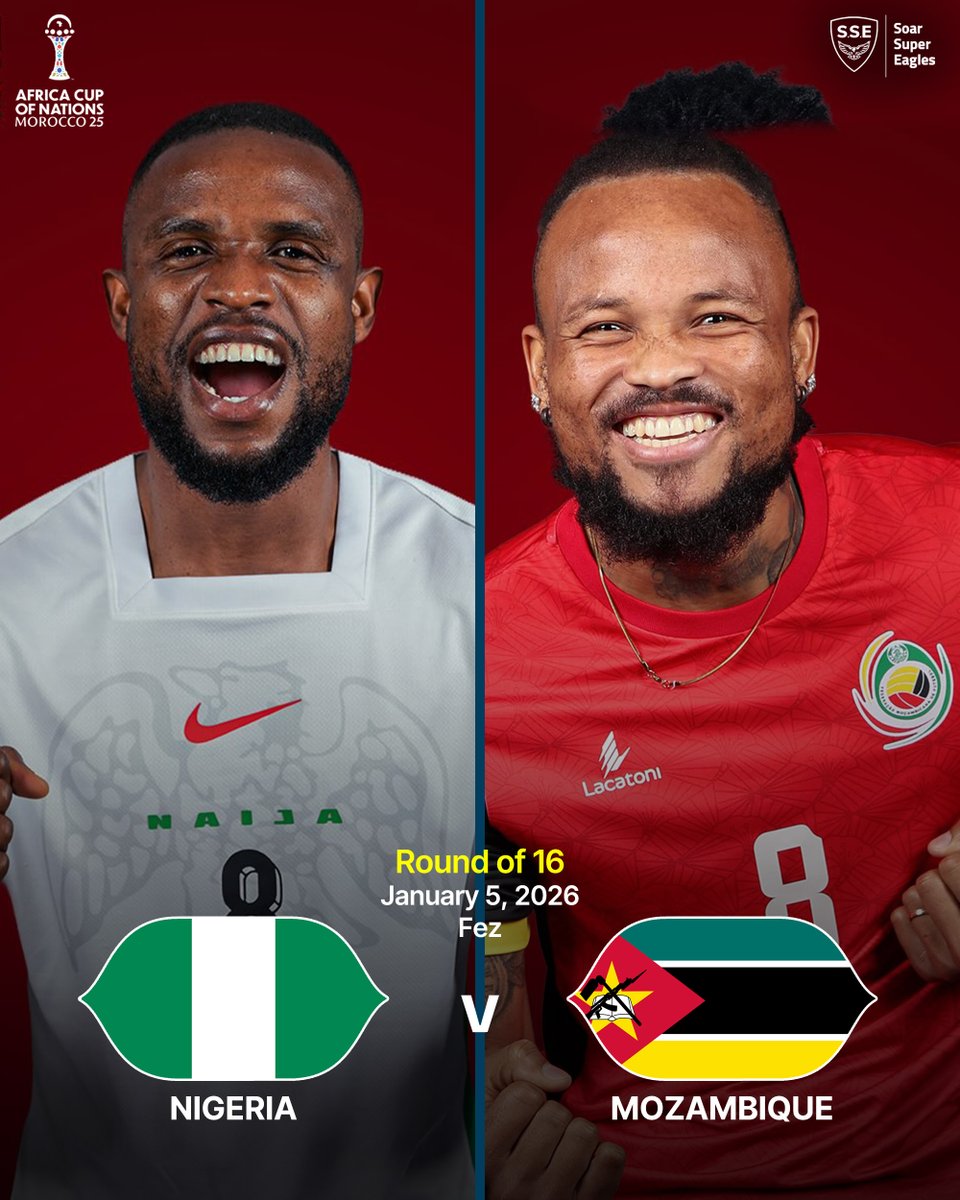 CONFIRMED: Nigeria will face Mozambique in the Round of 16 of #AFCON2025 

🇳🇬⚔️🇲🇿