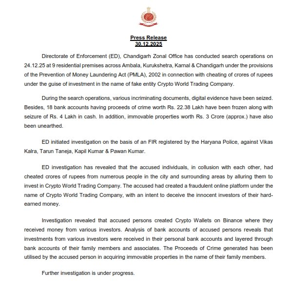 thisisksa's tweet photo. BREAKING 🚨

🇮🇳 Enforcement Directorate cracks down on another fraud crypto scheme.

▫️ Searches conducted at 9 sites in Haryana &amp; Chandigarh linked to Crypto World Trading Company.
▫️ ₹4L cash seized
▫️18 bank accounts blocked with ₹22.38L
▫️ Assets worth ₹3 crore traced. https://t.co/ML6QyAITk0