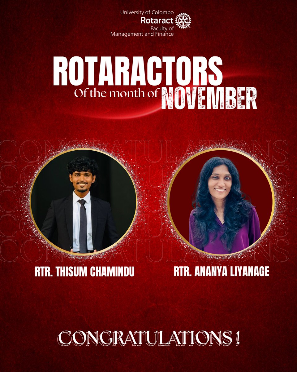 Cheers to our very own Rotaractors of the Month of November🥳😎

Rtr. Thisum Chamindu &amp; Rtr. Ananya Liyanage

Thank you for your outstanding service and dedication towards our club!❤️ 

Keep Shining!✨
