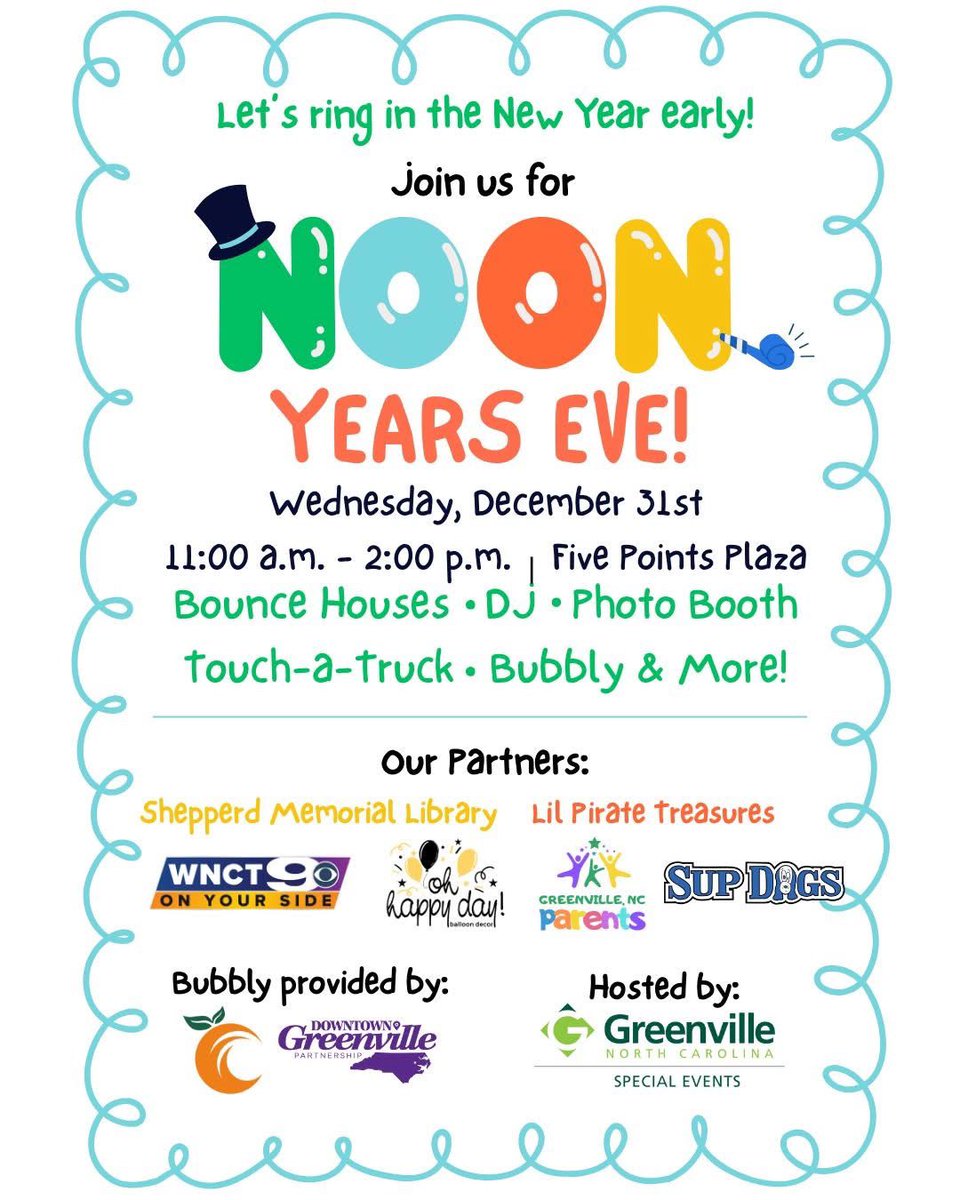 All the New Year’s fun, none of the missed bedtimes!🥳
Why wait until midnight when we’re bringing the party to the daylight! Join us at Five Points Plaza for Noon Year’s Eve, the ultimate celebration for Greenville families! We’re counting down to 2026 with a massive midday bash