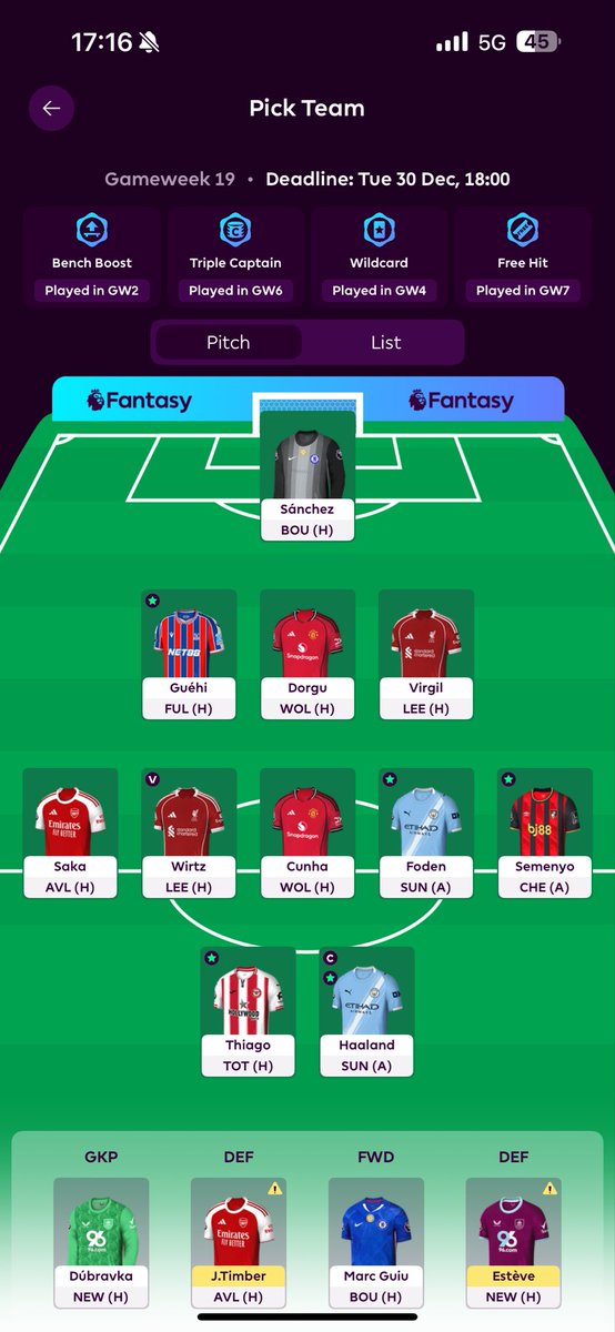 Capkin_FPL's tweet image. My FPL Team set for Gameweek 19.

1 Free Transfer:
- Reinildo out 
- Dorgu in

Captain Haaland. 

Around 45K and good luck!