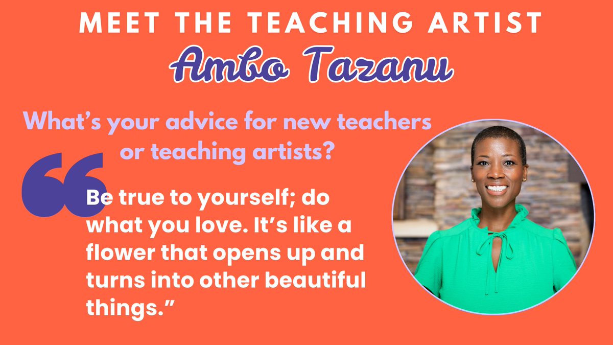 WolfTrap_Edu's tweet photo. Wolf Trap Teaching Artist Ambo Tazanu credits her initial interest in the arts to her high school drama teacher, Ms. Martin: "It was the first thing I really cared about." A professional performer and teaching artist, Tazanu offers advice for teachers. ⬇️ #TeacherTwitter https://t.co/LoFgSOCGcX