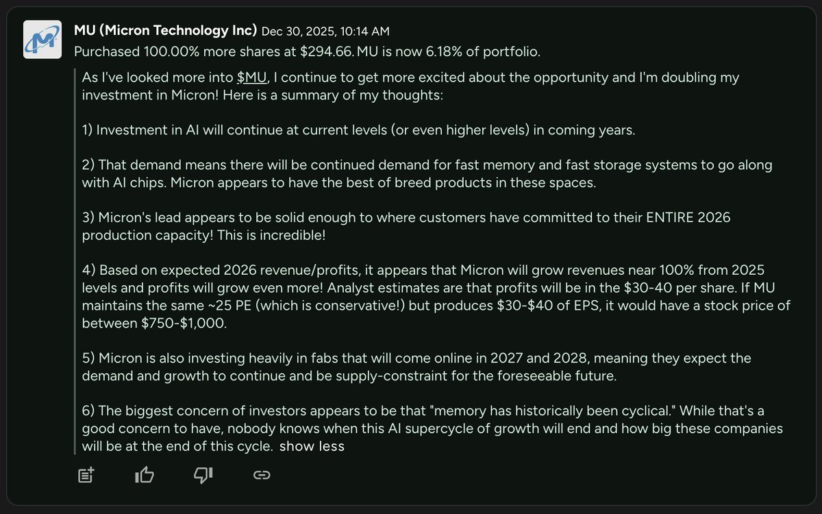 I just doubled my position in $MU. Now ~6% of my portfolio. Reasons in  screenshot. Give me your best argument on how/why Micron would not be a  $750-$1,000 stock by end of