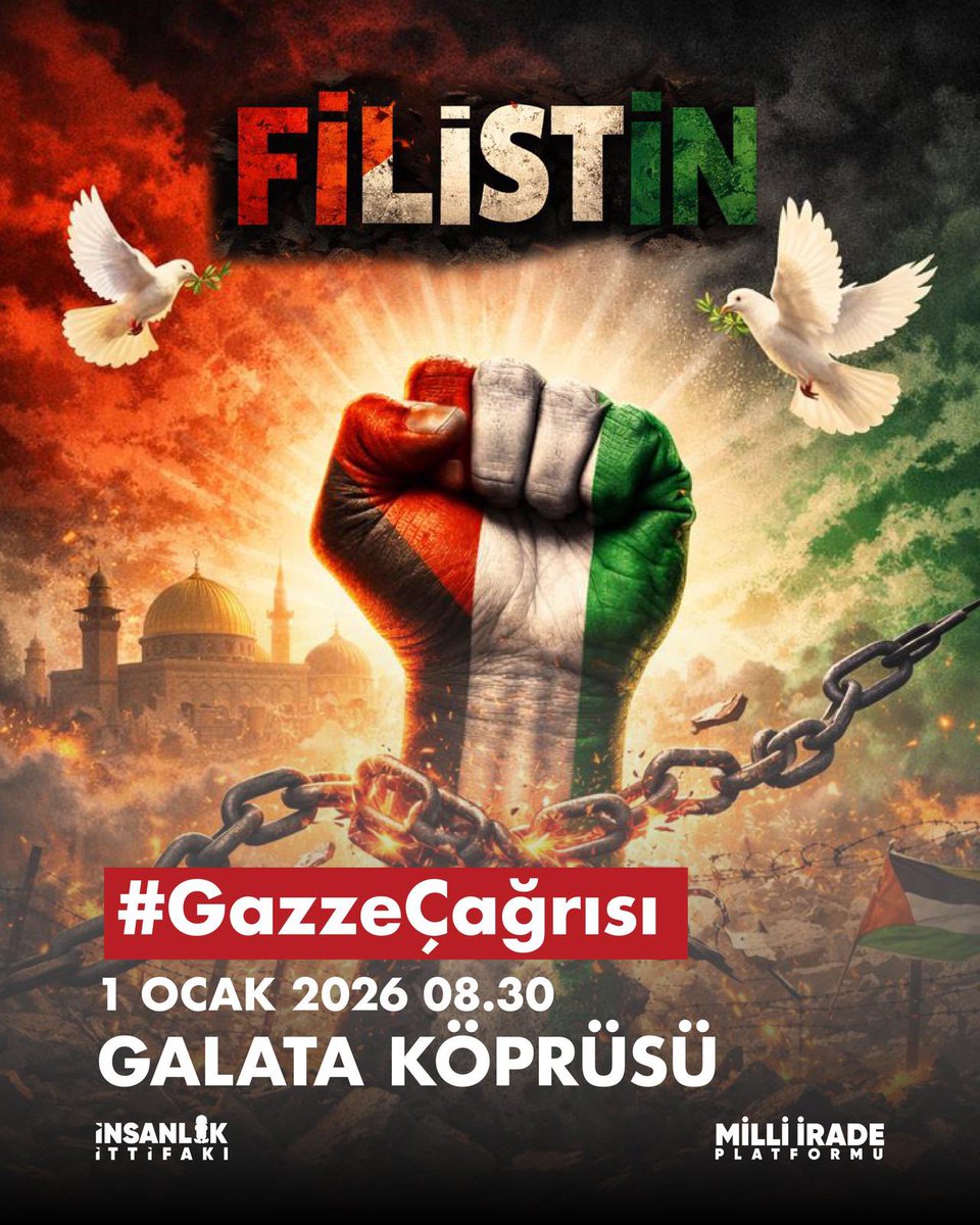 Galata Köprüsü’nde buluşalım; Filistin’e güç olalım! #GazzeÇağrısı
📍 Galata Köprüsü
🗓 1 Ocak 2026
⏰ 08.30