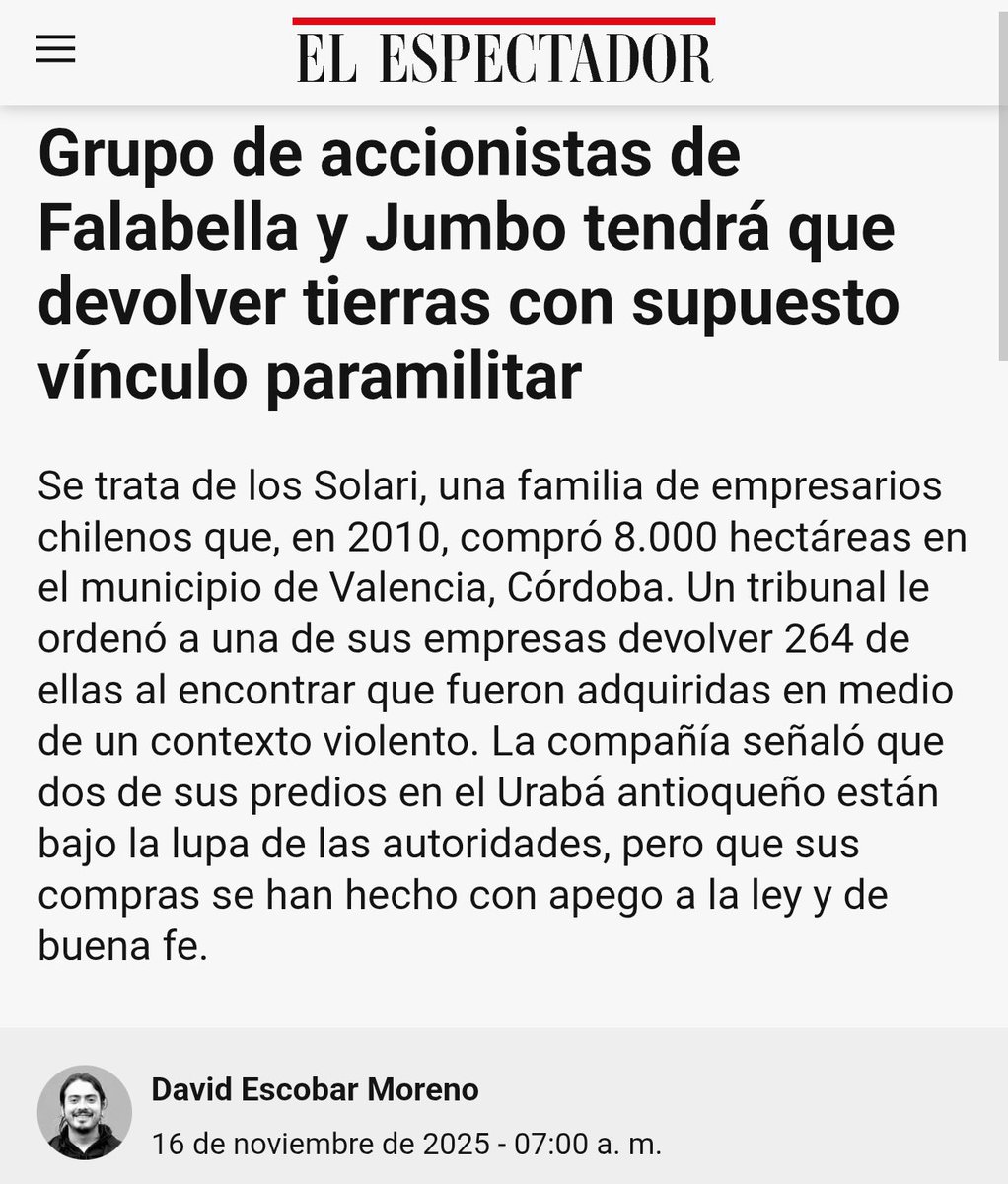 leaote's tweet photo. De lo que uno viene a enterarse terminando el año: Que unos chilenos accionistas de las empresas Falabella y Jumbo, tienen que devolver unas tierras que compararon en el 2010 en el municipio de Valencia, Córdoba, ya que fueron adquiridas en medio de un contexto violento. La “seguridad de Uribe” generando consecuencias.