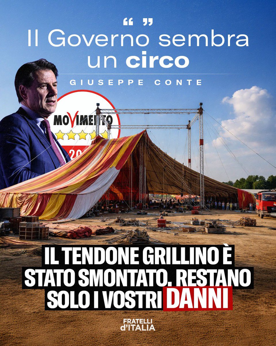 FratellidItalia's tweet photo. Superbonus, banchi a rotelle e mascherine farlocche: l’unico circo era quello grillino. Oggi Conte fa l’acrobata per giustificare quelle misure inutili e l’illusionista per nascondere i suoi fallimenti. https://t.co/bEiCGerenf