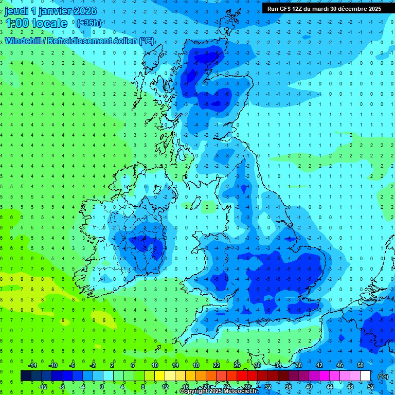 TheSnowDreamer's tweet image. Wrap up well if you’re going to fireworks 🎇 or whatever on NYE we will be rolling into 2026 on a bitter note. 

Wind chill temperatures 👇🥶