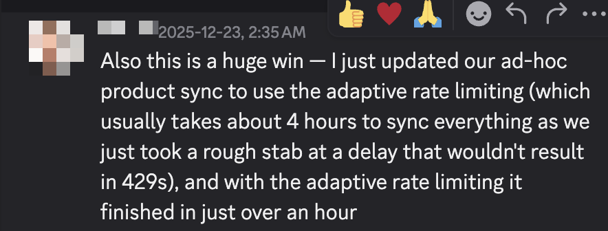 kttttate's tweet photo. catching up on discord and this is the sort of message that shows the leverage that comes from using @gadget_dev 

acting in the face of a variable rate limit is hard; let our framework handle that for you https://t.co/0OiLMWQ9J4
