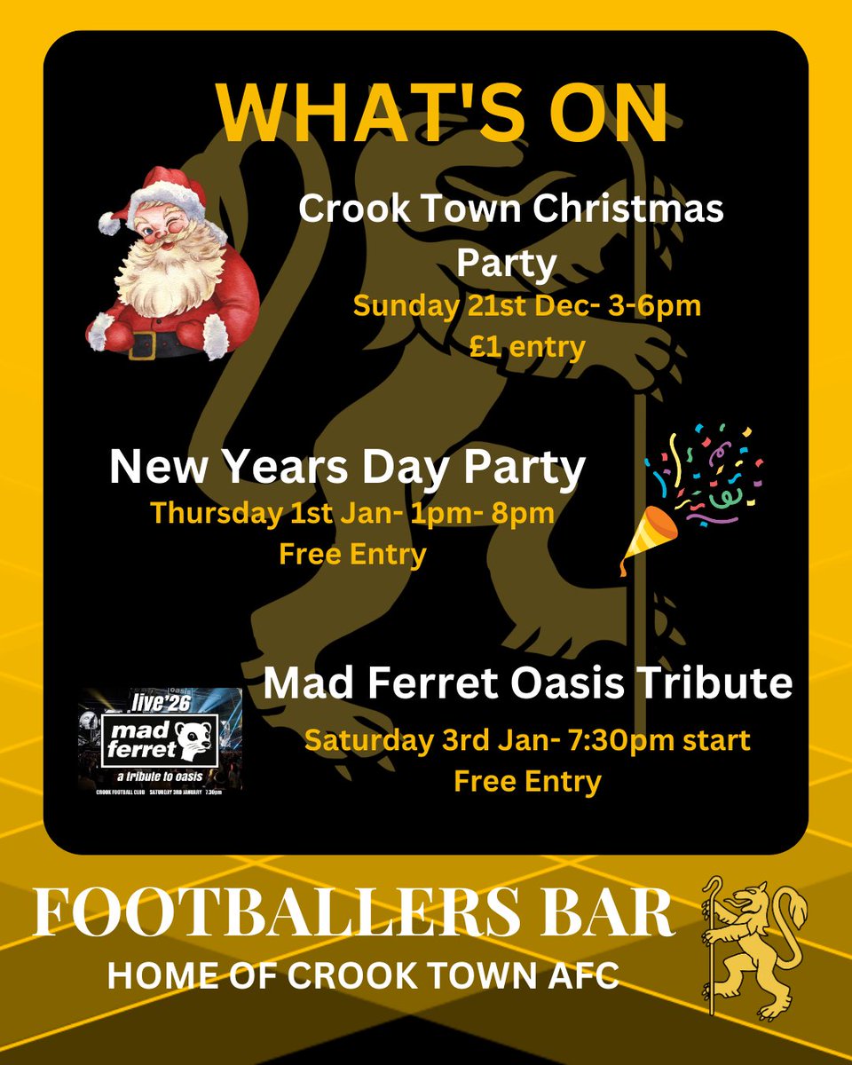 A reminder it's our NYD party on Thursday in the Footballers Bar. Doors open at 1pm 🍷

Mad Ferret play on Saturday evening in the Footballers Bar. Band start at 7:30pm

🖤💛
