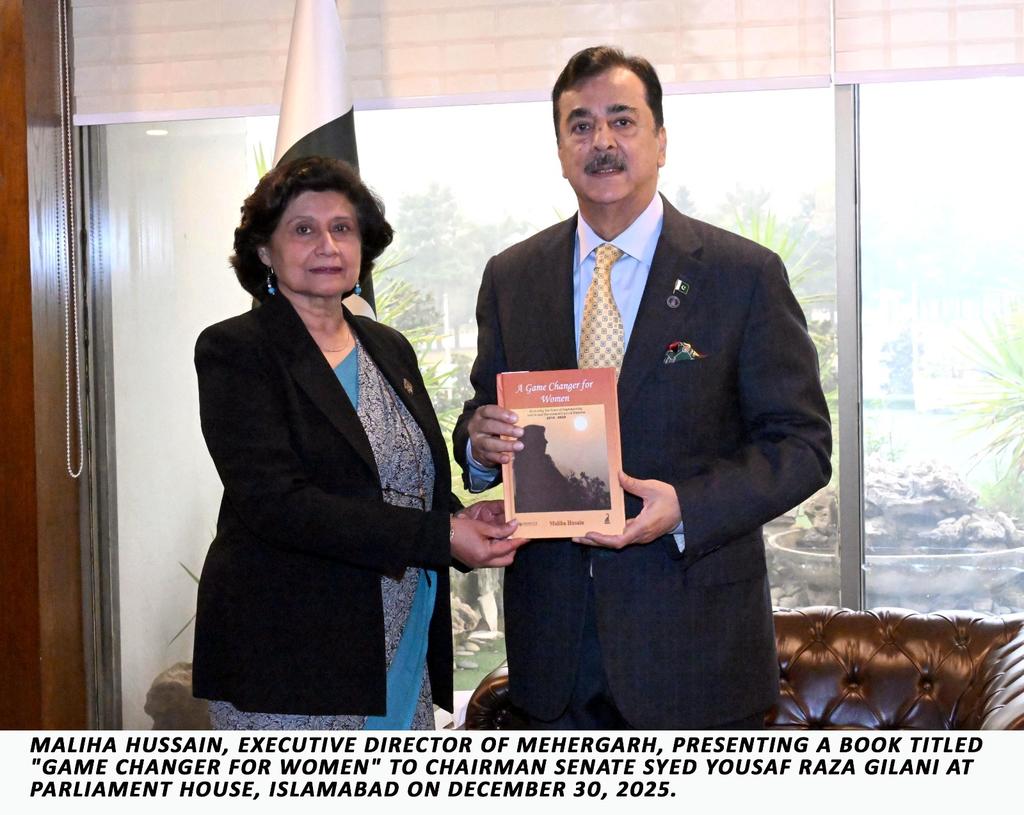 🇵🇰 Maliha Hussain, Executive Director of Mehergarh, presented a book titled "Game Changer for Women" to Chairman Senate Syed Yousaf Raza Gilani. The book documents the implementation and impact of the Protection Against Harassment of Women at the Workplace Act 2010.