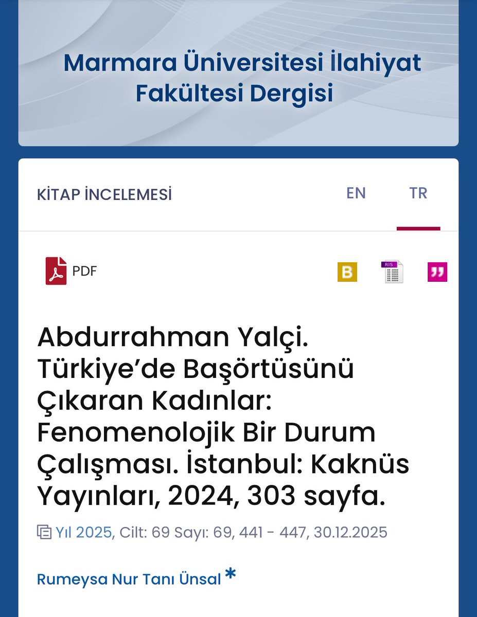 Marmara İlahiyat Dergisinin bu sayısında benim de bir kitap değerlendirmem var 🌸 Buyrun efendim fırından yeni çıktı sıcak sıcak 🙏🏻☺️  dergipark.org.tr/tr/pub/maruifd…