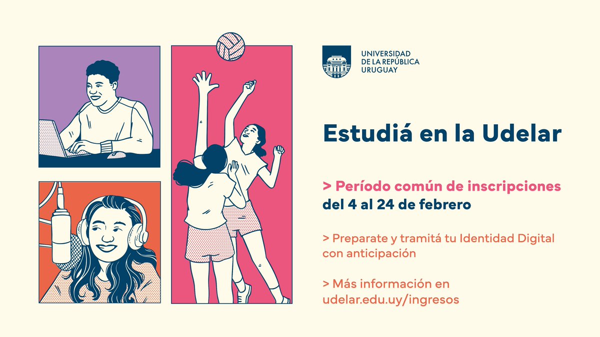 🙌 ¿Estás pensando en inscribirte en la #Udelar? ¡Accedé ya al sitio web de Ingresos!

📲 Podés encontrar toda la información sobre el procedimiento de inscripciones, becas, tutorías y mucho más en:
👉 udelar.edu.uy/ingresos