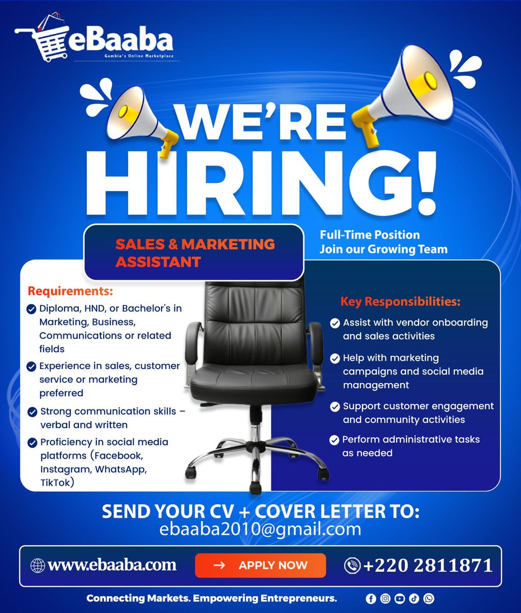 eBaaba is seeking a Sales &amp; Marketing Assistant. Applicant should have a Diploma, HND, or a Bachelor’s in Marketing, Business, Communications, or related fields
Experience in sales. To apply, click gamjobs.com/jobs/sales-mar…. Deadline: January 9, 2026.