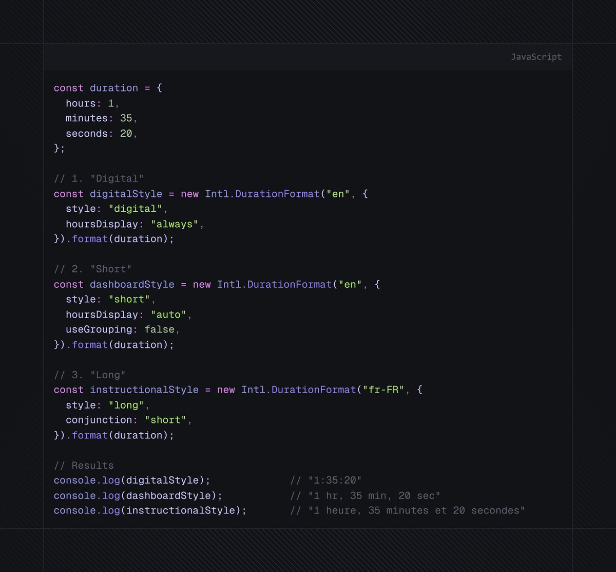 ⚡️ JavaScript: Intl.DurationFormat language-sensitive duration formatting!

#JavaScript