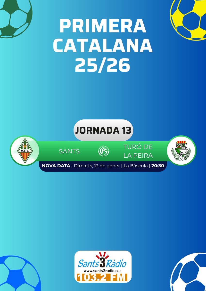 ⚽️ NOVA DATA CONFIRMADA ⚽️

El Sants ja sap quan jugarà el seu partit ajornat contra el Turó de la Peira: dimarts, 13 de gener, a les 20:30.

L'equip arrencarà el 2026 amb TRES PARTITS en UNA SETMANA: APA Poble Sec, Turó de la Peira i Borges Blanques.

#️⃣ #1cat2 | #SantsTuróPeira