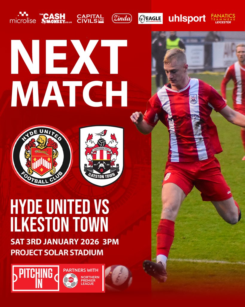 Next Match | Hyde United (A)

We begin the New Year with a visit to Hyde United's Project Solar Stadium on Saturday! 🛣️

🗓️ Saturday 3rd January 2026
🏟️ Project Solar Stadium
📍 Walker Ln, SK14 5PL
⏰ 15:00
🎟️ £12 Adults, £8 Concessions, £6 U16s, U12s £2 

#OneTownOneClub