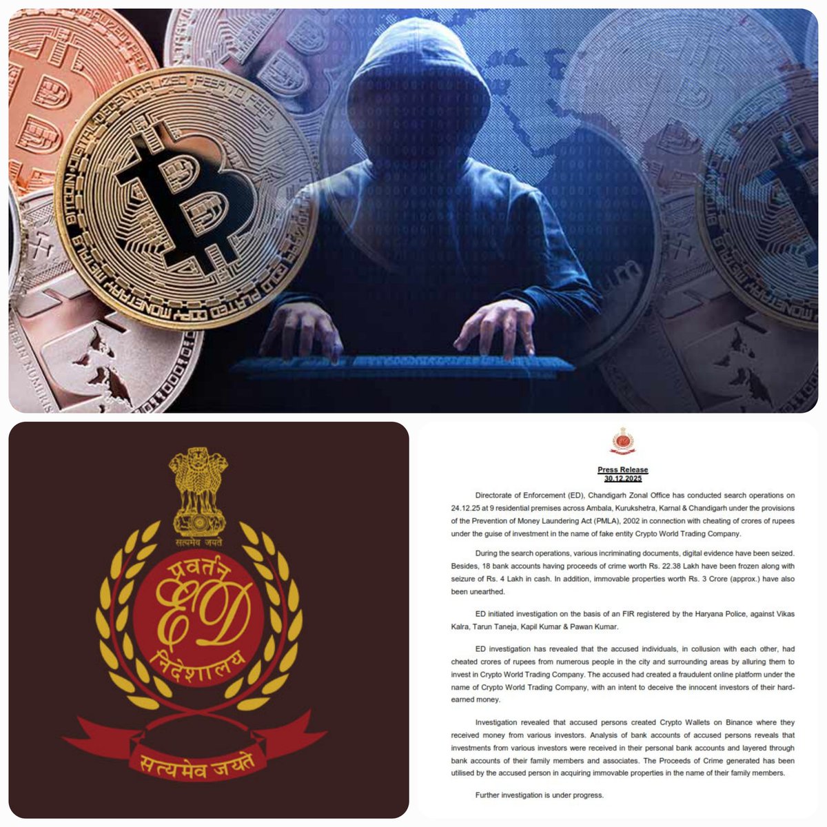 🚨 MAJOR ACTION AGAINST CRYPTO FRAUD! The Enforcement Directorate has  conducted raids at 9 locations across Haryana and Chandigarh against the  Crypto World Trading Company. • ₹3 Crore in assets have been