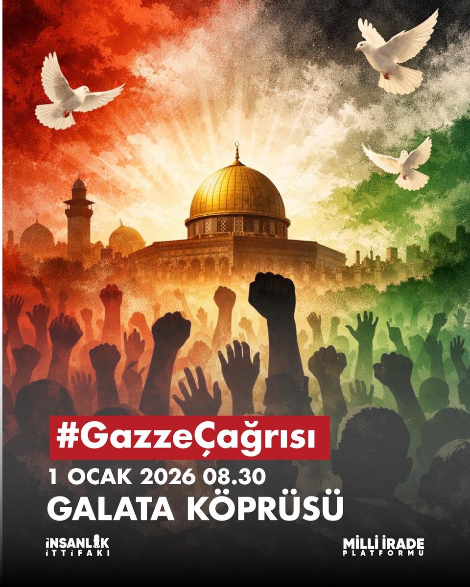 Sinmiyoruz. Susmuyoruz. Filistin’i unutmuyoruz.
1 Ocak sabahı Galata’da birlikte olacağız. #GazzeÇağrısı 
📍 Galata Köprüsü
🗓 1 Ocak 2026
⏰ 08.30