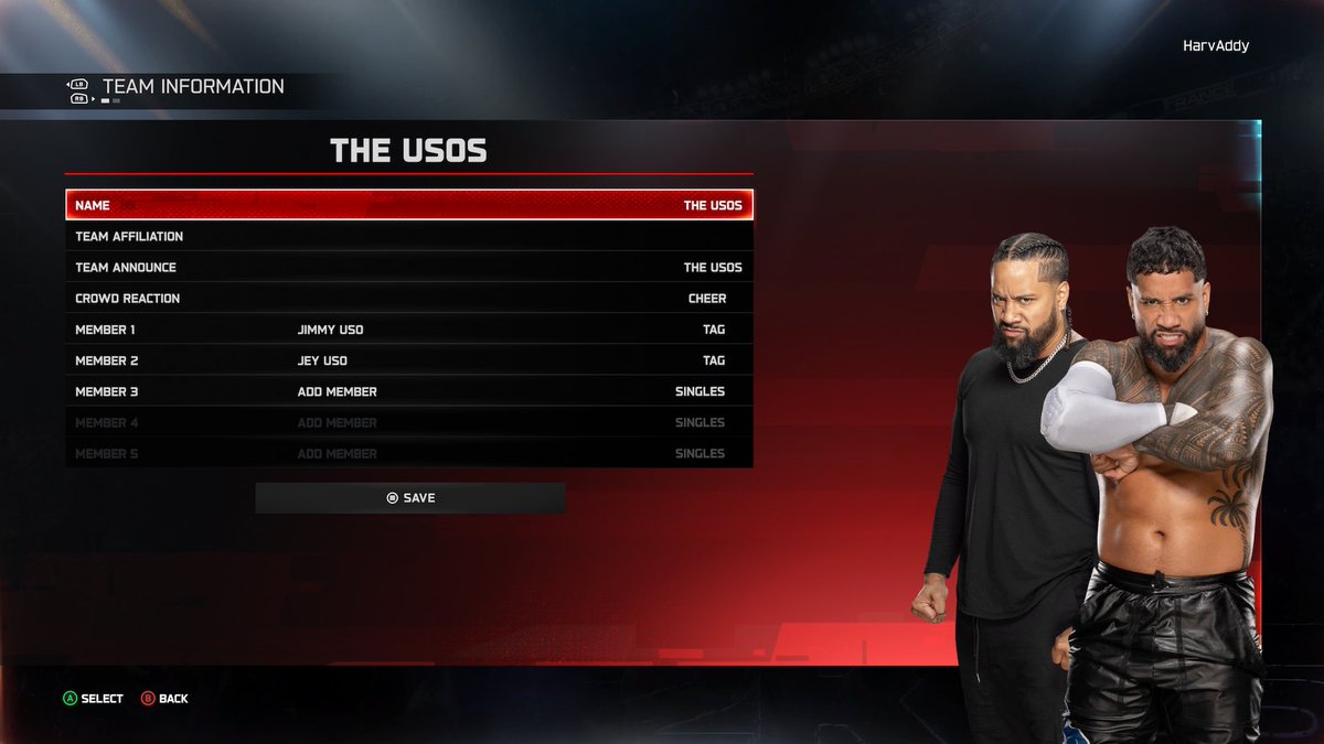 HarvAddy's tweet photo. How to create The Usos in #WWE2K25! 🧵

Name: The Usos
Team Announce: The Usos
Crowd Reaction: Cheer
Member 1: Jimmy Uso (Tag)
Member 2: Jey Uso (Tag)
Tag Team Finisher: 1-D (Optional alts: Stereo Uso Splash, Uso Splash 1, Tequila Sunrise/Uso Splash) https://t.co/rEtvnxTCFP