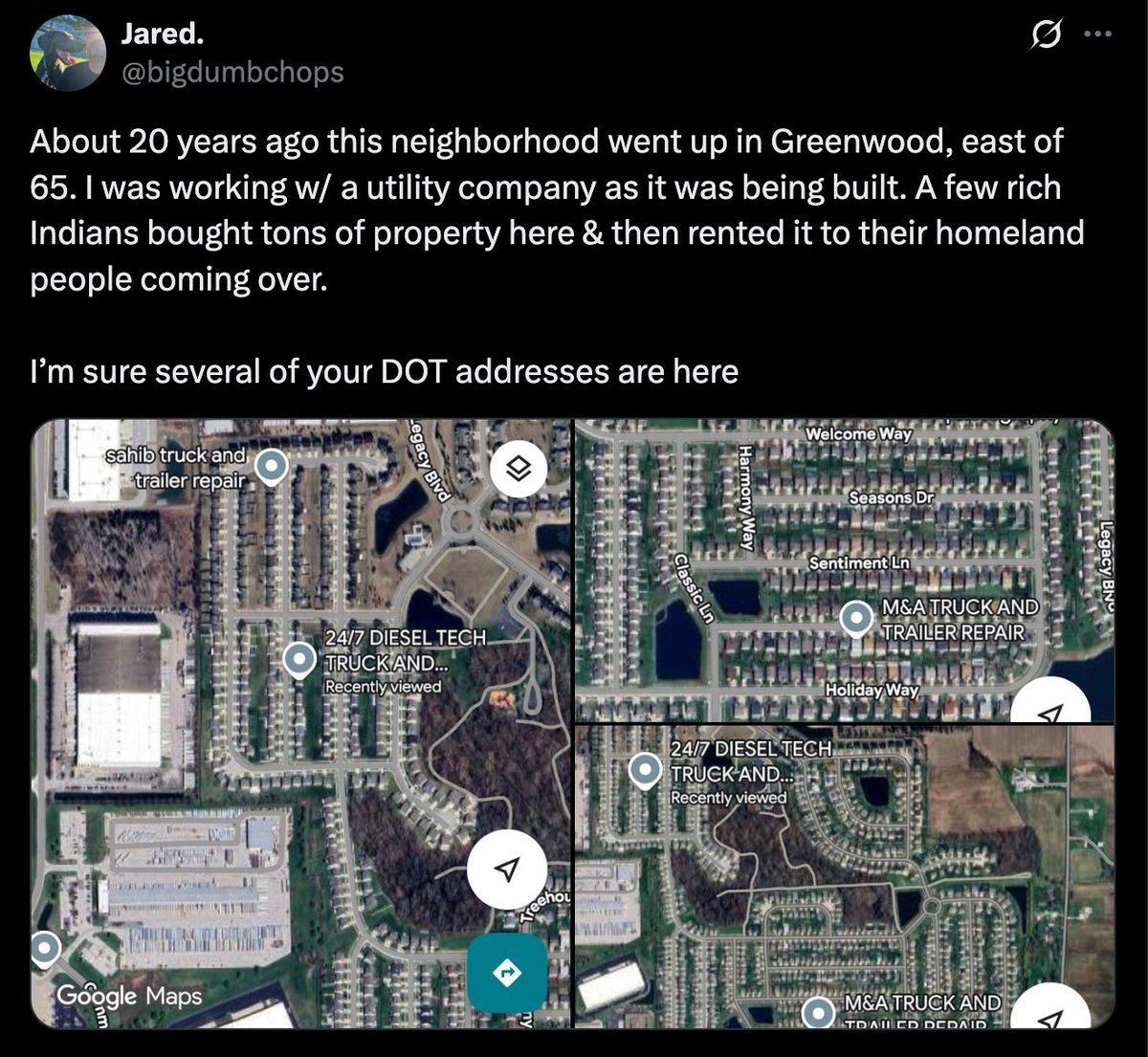 maybedanielleee's tweet image. One Indiana neighborhood. 141 trucking companies. 

&amp;gt; 11 houses, each list 2 companies
&amp;gt; 2 houses, each list 3 companies
&amp;gt; 2 houses, each list 4 companies

Most operate with 1-2 trucks, but we do have a few fleets:
&amp;gt;&amp;gt; 22 trucks
&amp;gt;&amp;gt; 18 trucks
&amp;gt;&amp;gt; 14 trucks
&amp;gt;&amp;gt; 11 trucks