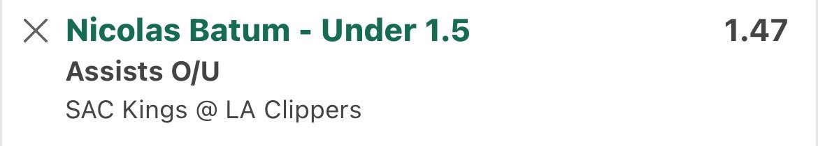 RichiesBets1's tweet photo. NBA POTD #2 🏀

Nicolas Batum u1.5 Assists ✅

- Has hit the under 25 out of 30 games this season 
- Has gone under in 8 of the last 10 games against kings 

#GamblingCommunity #GamblingX
#SportsGambling #SportsBettingX
#SportsGamblingX #PlayerProps #nbax https://t.co/SNKan277VY