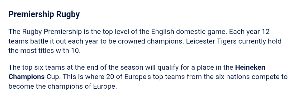 .<a href="/WilliamHill/">William Hill</a> I know Rugby Union never gets much love in the betting world but you'd think you'd review your info at least once per season....... Last time there were 12 teams in the prem is 3 seasons ago. Same for six nations in the champions cup.