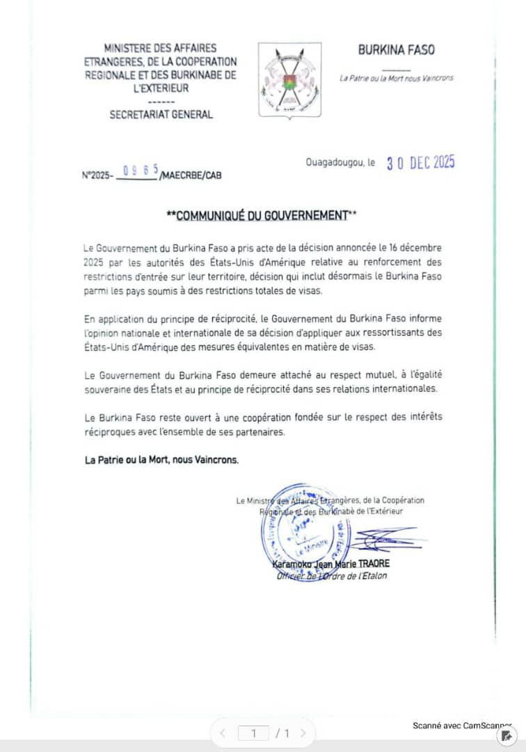 #Burkina - le gouvernement burkinabé annonce à son tour la réciprocité des restrictions sur les visas vis à vis des citoyens américains.